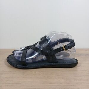 Born Sandals Women 7 Black Leather Slingback Flat Strappy Buckle Minimalist)